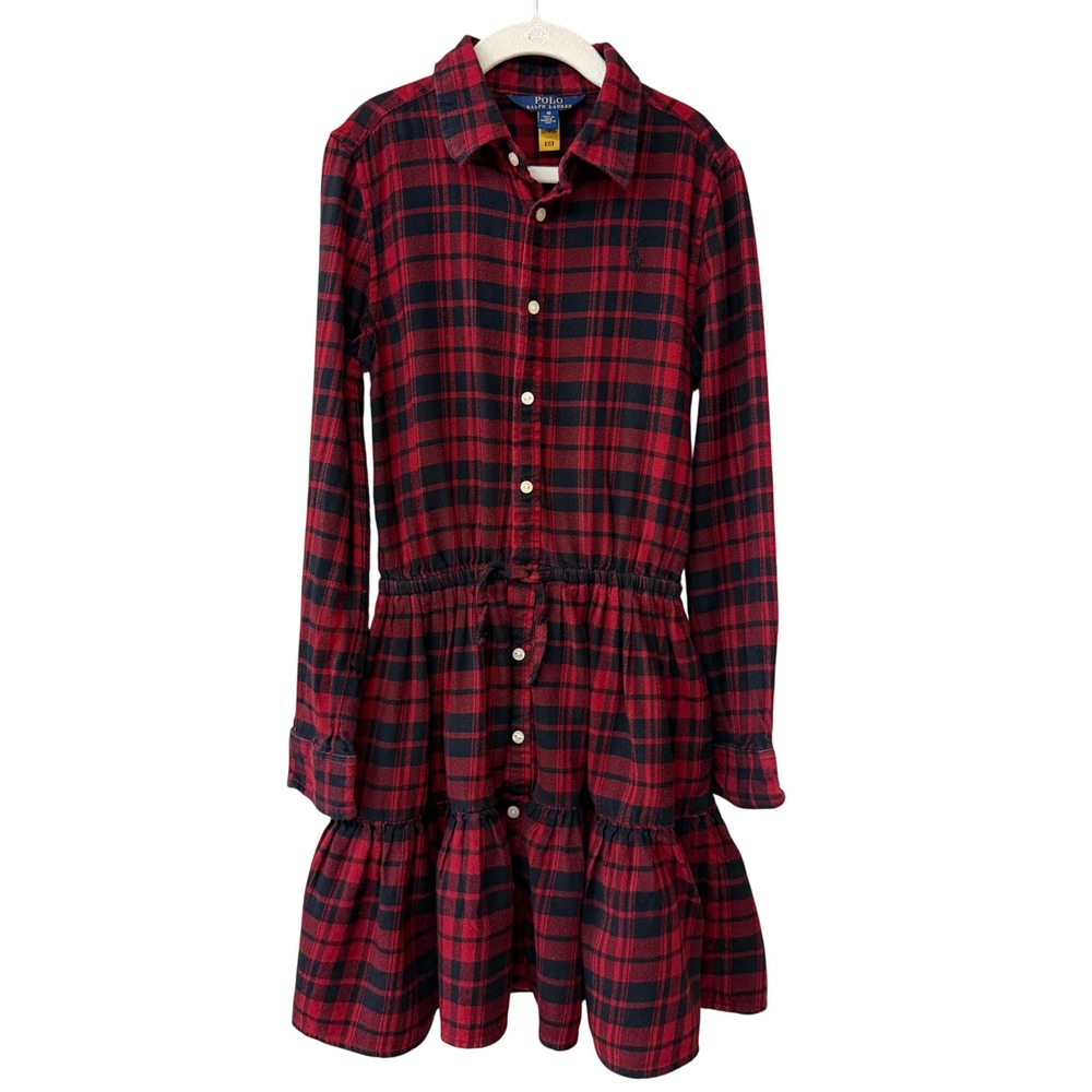 Polo Ralph Lauren Girls Buffalo Plaid Ruffle Flannel Dress Cotton Size 10 Preppy